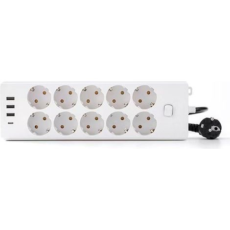 Regleta USB con 10 tomas de corriente y 3 puertos USB, con función de carga, ideal para el hogar y la oficina, protección contra sobretensiones, color blanco, 2 metros, 1 unidad. (1/5)