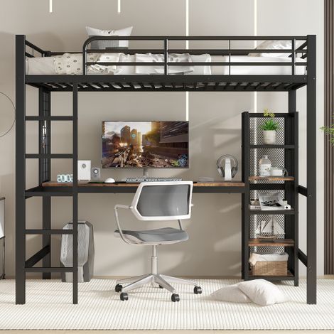Letto a soppalco, letto in ferro, ferro + MDF, con tavolo e scaffalatura con ripiani multipli, dotato di rete metallica, robuste sponde e scaletta, colore nero + legno scuro, 90x200 cm (1/5)