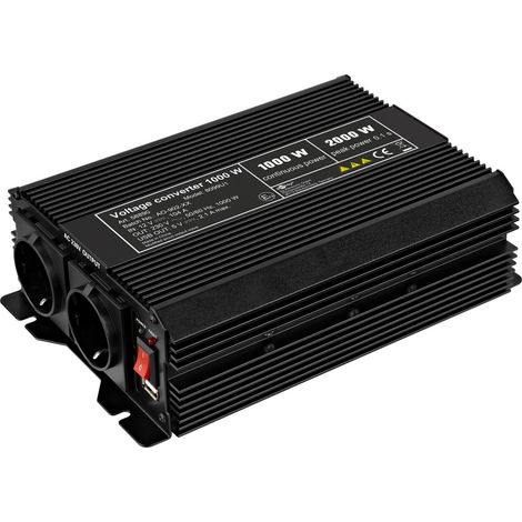 goobay 58890 - Transformador de Corriente (12 V a 230 V, 1000 W, 2000 W, con 2 enchufes de CA y 1 Puerto USB de 2100 mA), Color Negro