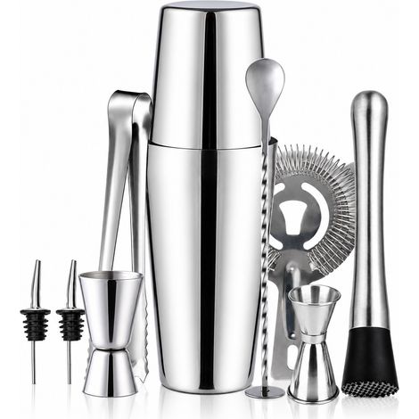 Juego de coctelería de 10 piezas, set de bar, incluye cocteleras de 750 ml - acero inoxidable plateado (1/5)
