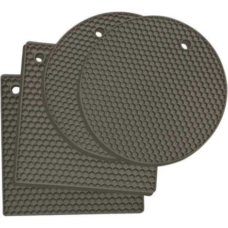 Ensemble de 4 dessous de plat ronds et carrés en silicone, tapis de dessous de plat en silicone, tapis chauffant - ouvre-boîte, pinces, éplucheur d'ail, tapis de séchage, sous-verre (gris) (1/4)