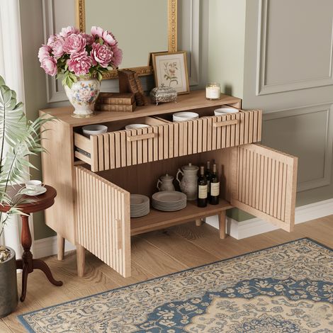 Buffet à motif bois - caisson tiroirs 100x80x30 cm - deux tiroirs deux portes - dispositif anti-basculement - tapis antidérapant - Couleur bois (1/5)