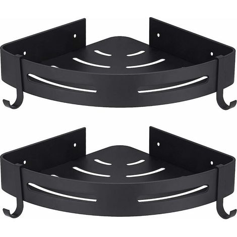 Etagére Douche d'angle Noir sans Perage Rangement Salle de Bain Douche Accessoire Salle de Bain Support Porte Savon Douche Aucun Antirouille en Aluminium Lot de 2 avec Crochets (1/4)