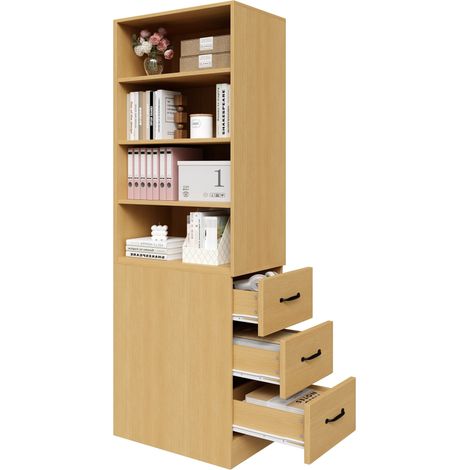 Librería con 3 Cajones Laterales y 4 Huecos, 2 Estantes Ajustables, para Espacios Pequeños, Tablero de Partículas, 60×38×180 cm (1/5)