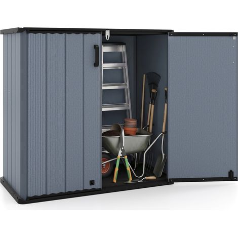 Abri de Jardin avec Plancher, Coffre de Rangement Extérieur avec Porte Verrouillable, Toit Rainuré, en PP et HDPE Imperméable, 120 x 65 x 117cm, Gris