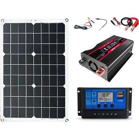 Kit complet de système d'énergie solaire, panneau 20W, contrôleur 30A, onduleur 300W 12V-220V, double USB, prise universelle LCD