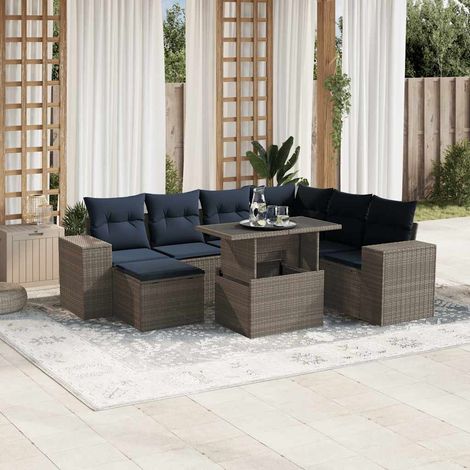 Salon de jardin 8 pièces en résine tressée grise avec table réglable et coussins bleu marine - PANGIVO (1/5)