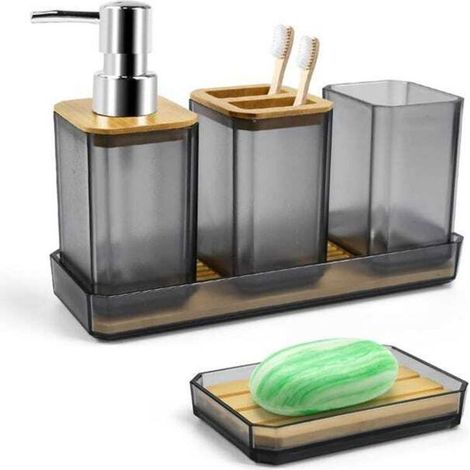 Ensemble 5 pièces salle de bain : porte-brosse à dents, distributeur de savon, porte-savon, plateau et gobelet (1/5)