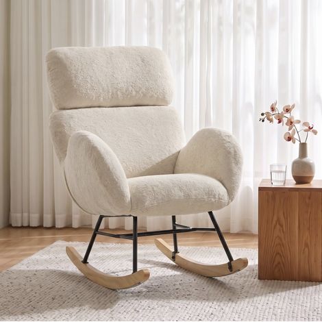 MODFU – Silla mecedora de terciopelo con reposacabezas regulable, acero y madera de hevea, carga 120 kg – Crema (1/5)