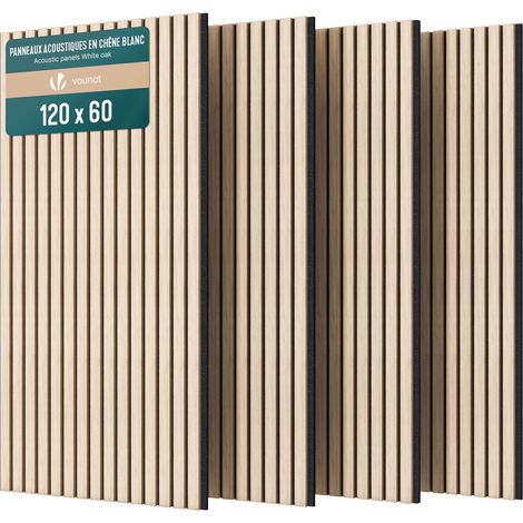 VOUNOT® Lot de 4 Panneaux acoustiques muraux tasseaux 120x60x2.1cm en MDF avec feutre polyester ignifuge - Chêne blanc (1/5)