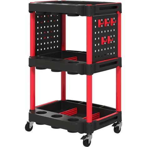 Accessoire pour servante d'atelier - Chariot 3 niveaux avec étagères perforées - 10 crochets outils - Capacité 91 kg - Garage (1/5)