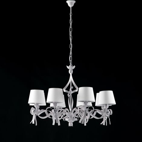 Lampadario Shabby Chic Lucy Bianco 8 Luci Paralumi Bianchi