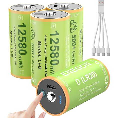 Lot de 4 Piles Rechargeables D 1,5 V Lithium - Type-C (5 V Charge), 12580 mWh, LR20 avec Indicateur de Charge, Comprend 1 à 4 Câbles de Charge, pour Lampes Camping, Radios, Jouets, Poubelle (1/5)