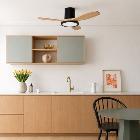 Ventilateur de plafond lumineux noir et bois clair RIGA II WOOD (1/3)