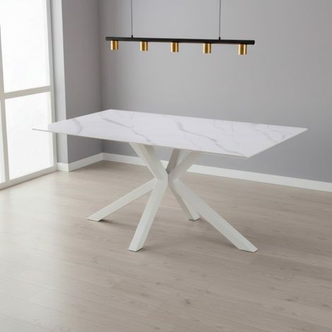 Tavolo fisso Hunter con piano in ceramica effetto marmo bianco opaco e gambe bianche