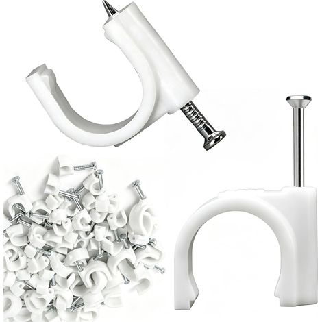 100Pcs 10mm Clips Câble Ronds Solides Durables avec Clou, Attache Fixation Raccordement Range Câbles, Serre Fil électrique Ranger, Cavalier Attaches Fils pour Ethernet,Ligne Téléphonique,TV,USB Blanc (1/5)