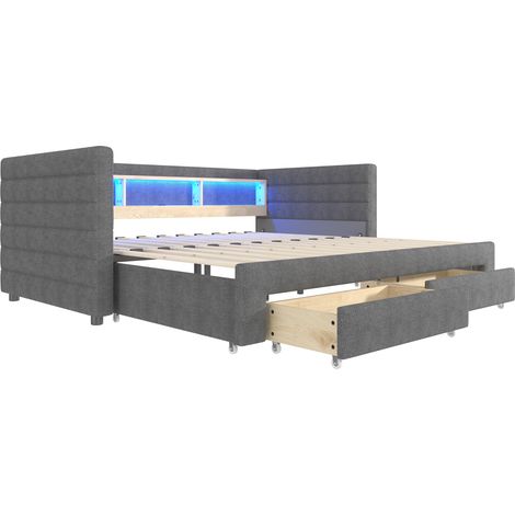 Cama nido convertible 90 x 190 cm de terciopelo gris con LED, USB, Type-C y 2 cajones (1/5)
