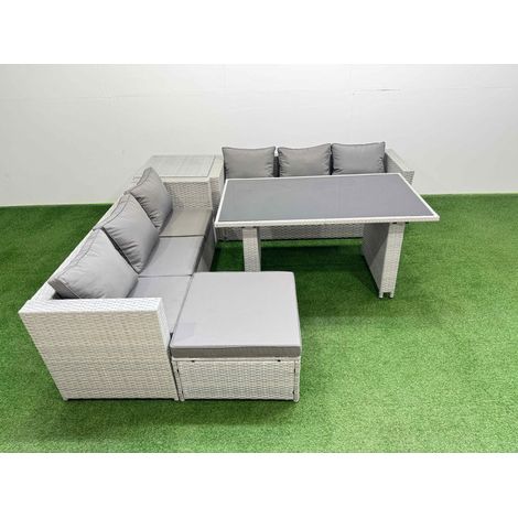 Fimous Rattan Garden Furniture Dining Set 7-seater Patio Rectangular Table Sofa Set with Side Table Big Stool Light Grey (1/5)