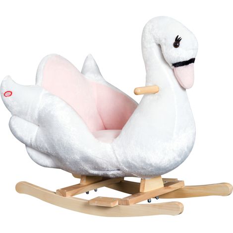 Cavalier à bascule en forme de cygne avec musique, cheval à bascule avec structure en métal et en bois, revêtements en peluche, 60x32x55cm, Blanc (1/5)