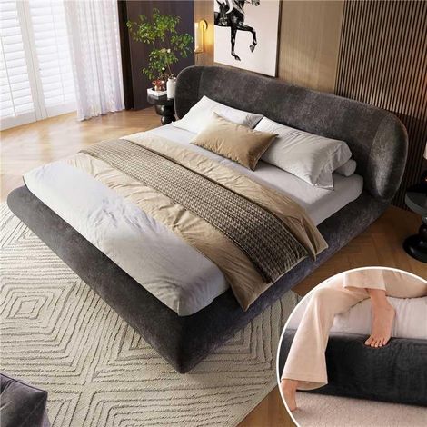 Lit 140 x 190 avec sommier à Lattes et tête de lit, Lit Double avec Coins arrondis et Mousse hautement élastique,Chenille Gris(sans Matelas) (1/5)