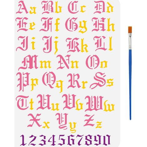 Pochoir de Peinture de L'Alphabet Anglais Ancien Avec 1 Pinceau Plastique 21X29.7cm Lettres et Chiffres de Calligraphie Réutilisables Pochoirs à Lettres pour Peinture sur Bois Tissu Mur (1/5)