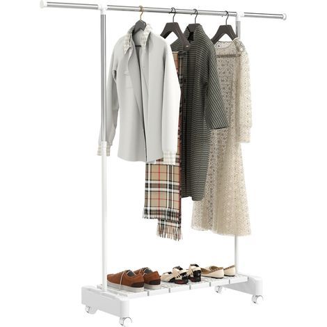 Étendoir à linge extensible avec roulettes et frein, étagère à chaussures et structure en acier inoxydable, blanc (1/5)