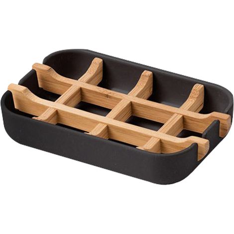 Porte-savon en bambou, boîte à savon auto-drainante, porte-savon en bois de bambou pour salle de bain, cuisine, baignoire (noir) (1/5)