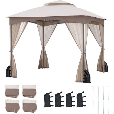 Pergola de patio robuste 10 x 10 pieds avec parois en filet et 4 sacs de sable - kaki (1/5)