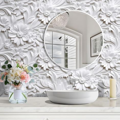 Blanc Papier Peint Adhesif Mural 3D Motif Floral Pâquerette Rouleau Adhesif Decoratif Mural 44.5cm x 700cm Tapisserie Murales Papier Peint Fleur Imperméable Vinyle Revetement Autocollant (1/5)