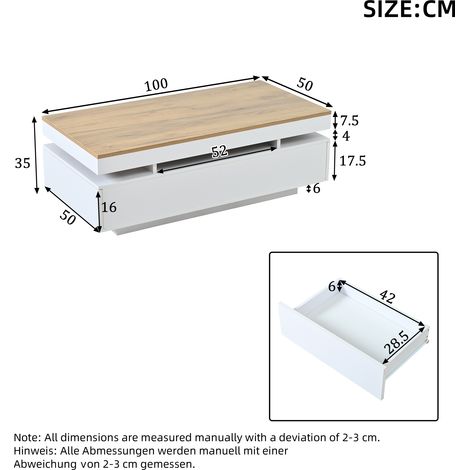 Table basse blanche et bois 100x50x35 cm, console d'appoint LED laquée brillante avec 2 tiroirs, table à thé, meuble de salon, table de séjour, bureau d'appoint. (1/5)