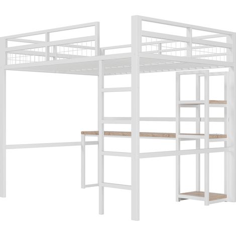 Letto a soppalco 140 x 200 cm in metallo e MDF bianco con scrivania, scaffali, USB e USB-C (1/5)