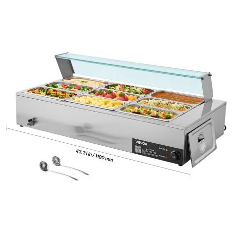Chauffe-Plat Électrique à Vapeur 1500 W, Buffet Chauffant en Inox, Bain-marie avec 9 Bacs de 1/3, Couvercle en Verre et Louches à Soupe et Perforées, pour Servir Buffet en Libre-Service (1/3)