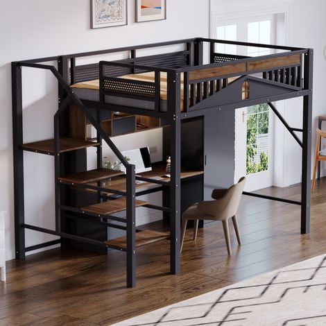 Lit mezzanine en métal, 140x200 cm, avec design unique à fenêtres, escalier de sécurité et grand espace de rangement sous le lit - Noir (1/5)