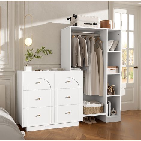 Offener Kleiderschrank mit 6 Schubladen, Kleiderstange und Seitenregalen, weiß HAVRYA (1/5)