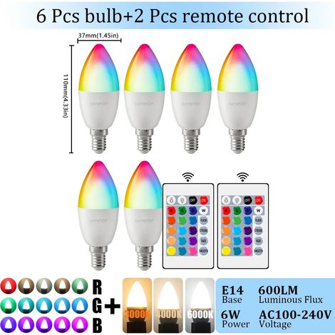 Lampes de croissance pour plantes Ampoule LED E14 (RGB 4000K, lot de 6, AC 100-240V) avec télécommande 24 touches, intensité variable, 6W et changement de couleurs, idéale pour chambre ou salon. (1/5)