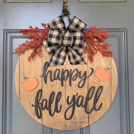 Décor de porte d'automne 30 cm, panneau rond en bois rustique avec citrouilles, nœud fait main et feuilles, suspension « Happy Fall Y'all », idéal porche, entrée, maison, extérieur et intérieur (1/5)
