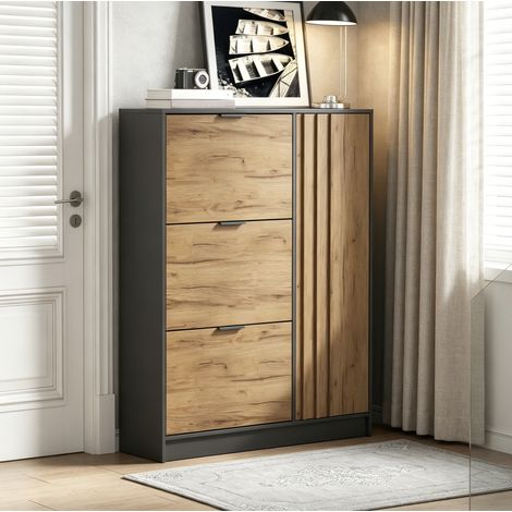 Zapatero con 3 Abatibles y 1 Puerta, Estantes Extraíbles, para Entrada, MDF, Natural, 100 × 30 × 130 cm (1/5)