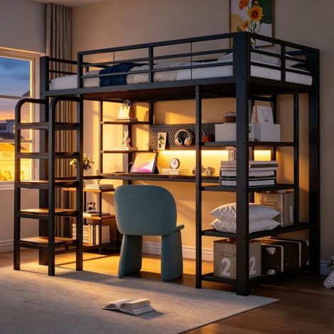 Metall Hochbett 90x200 cm mit Schreibtisch und LED-Beleuchtung - Multifunktionsbett inklusive Steckdose, Lochblech und Regal, Schwarz (1/5)