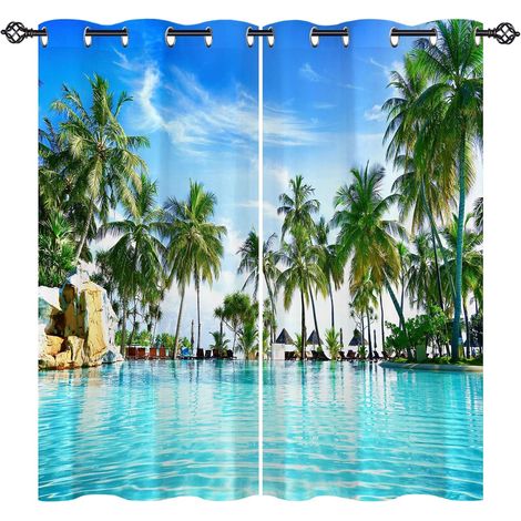 Rideau Occultant Tropical Océan Plage Palmier Tenture Opaque à Oeillets Draperies Intérieurs Rideau Thermique Isolant pour Maison Chambre Salon Fenetre 2 Pièces L 77 x H 160 cm - 77L X 160H cm (2 Pann (1/5)