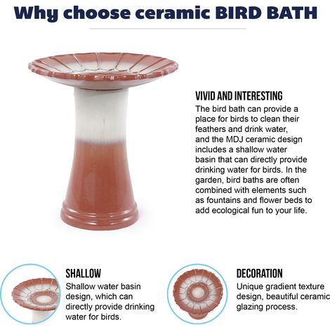 Baignoire pour oiseaux en céramique faite main, dégradé brun rouge et blanc émail brillant, rainures fleurs sur vasque, résistante au gel, diamètre 43 cm hauteur 45 cm, jardin, terrasse et balcon (1/5)
