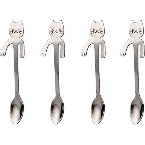 Cuillères à café miniatures en forme de chat (lot de 4) pour les amoureux des chats - Desserts, boissons, mélanges, milkshakes, thé - Petite vaisselle en acier inoxydable (argenté) (1/4)