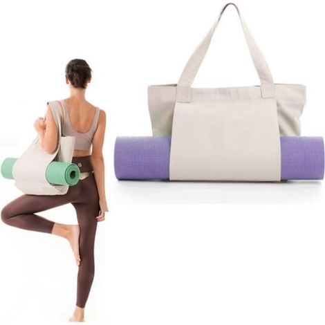 Borsa a tracolla in tela color kaki per tappetino da yoga (46x35 cm), borsa multiuso per palestra, pilates e viaggi. (1/5)