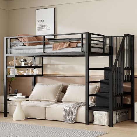 Letto a soppalco 90x200 cm, letto per bambini con ripiani, scala contenitore e spazio trasformabile sotto il letto, metallo, nero, senza materasso