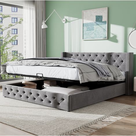 Cama doble Chesterfield de terciopelo gris 140x190 cm con cabecero tapizado y arcón hidráulico (1/5)