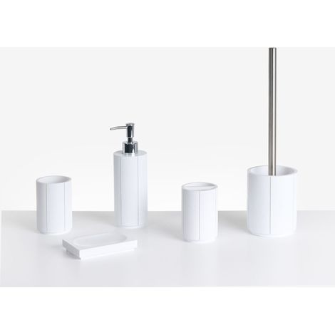 Set accessori bagno 5 pezzi portasapone, dispenser, porta scopino, bicchiere, porta spazzolini bianco Huallanga (1/5)