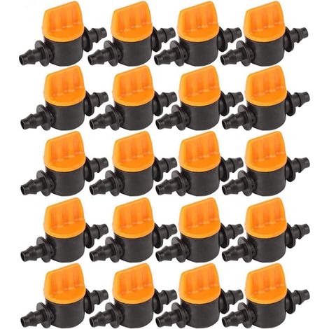 20 Vanne d'irrigation, robinet goutte à goutte 1/4 pouce, raccord barbelé 4-7mm, pour jardin, serre, agriculture