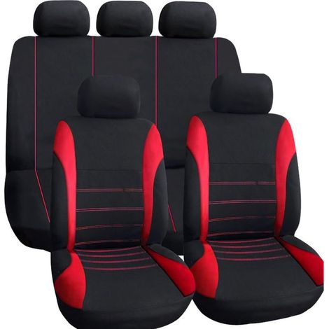 Housses de siège Auto Universel Noir Rouge, Accessoires pour intérieur de Voiture, Coussin de siège Auto Style Sportif, Set Complet de 9 pièces (1/5)
