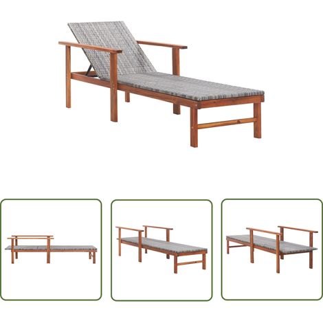 The Living Store Chaise longue Résine tressée et bois d'acacia massif Gris - Chaise Longue - Transat - Mobilier De Jardin - Salon De Jardin - Résine Tressée (1/5)