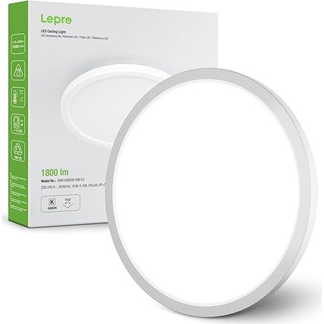 Plafonnier LED 18W, Luminaire Plafonnier Étanche IP44 5000K 1800LM, Angle de Faisceau 115 °, Non Dimmable, Salle de Bain, Balcon, Couloir, Cuisine, Salon (1/5)