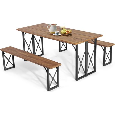 3 Pieces Outdoor Picnic Table & Bench Set Garden Wooden Dining Table w/ Umbrella Hole (1/5)